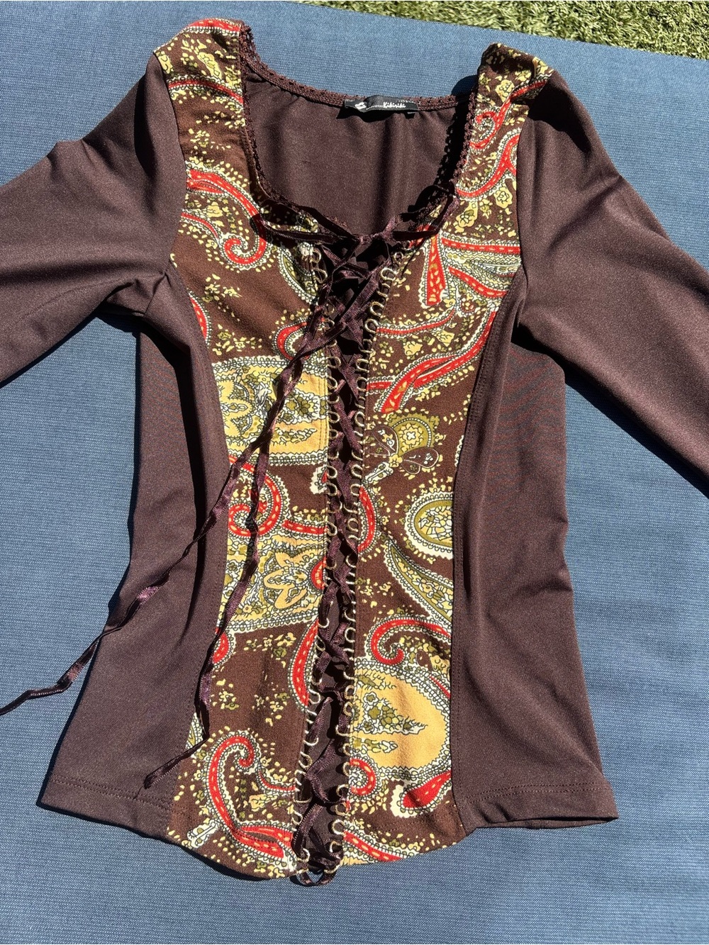 Brown Paisley Lace-Up Women's Top - Picture 4 of 4